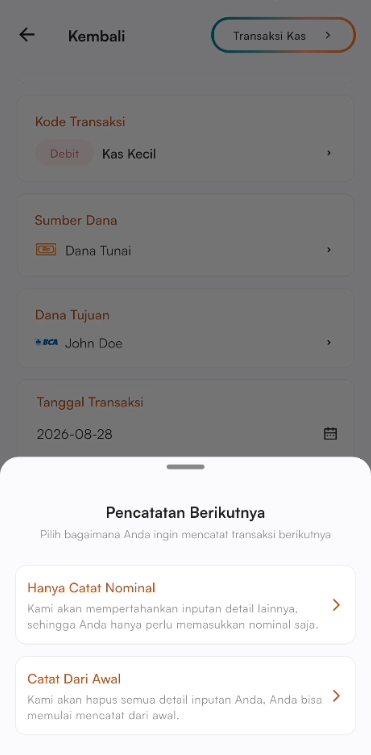 Pilihan mencatat transaksi kembali