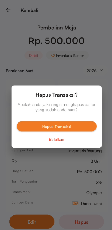 Halaman konfirmasi hapus transaksi aset
