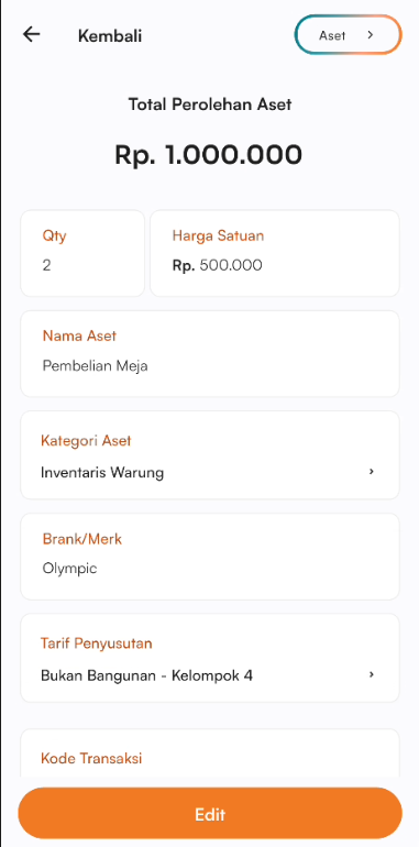 Halaman Form edit transaksi aset