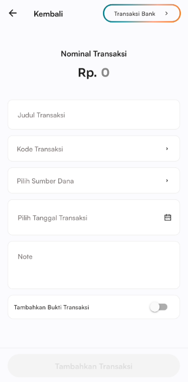 Halaman tambah transaksi bank