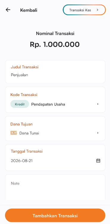 Halaman tambah transaksi kas