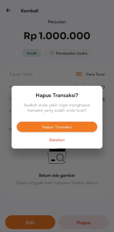 Halaman hapus transaksi kas