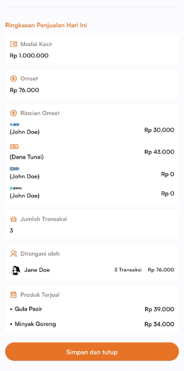 Ringkasan penjualan tutup shift