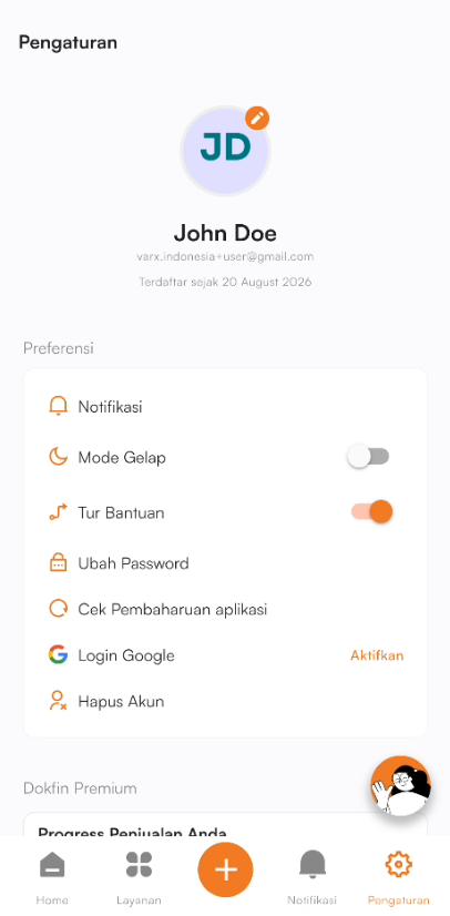 Halaman dashboard navbar pengaturan