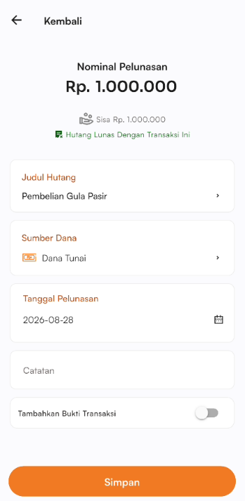 Halaman tambah transaksi hutang