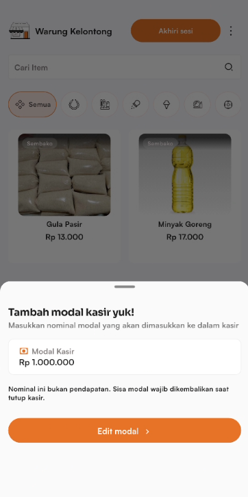 Form atur modal kasir