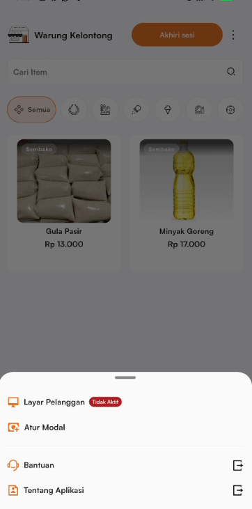 Menu opsi beranda kasir