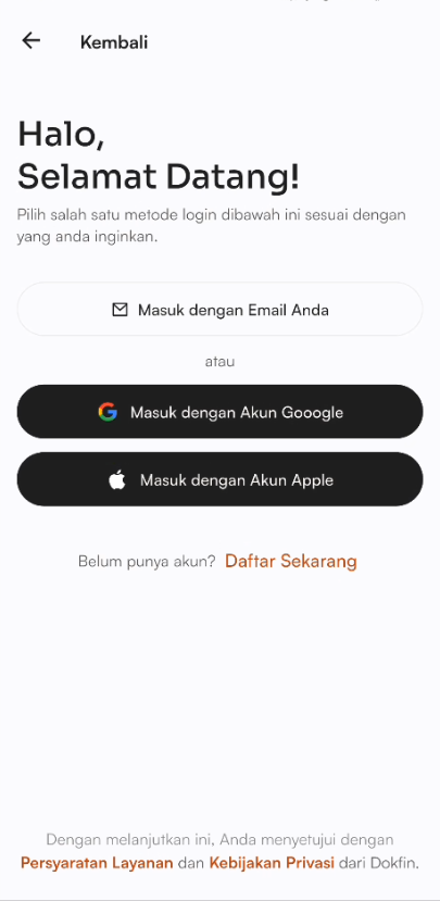 Halaman login dengan Google atau Apple