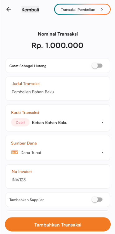 Halaman tambah transaksi pembelian