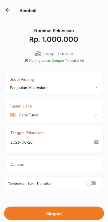 Halaman tambah transaksi piutang