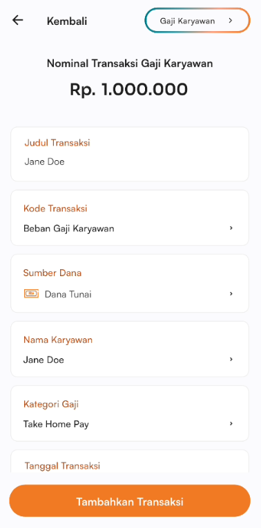 Halaman tambah transaksi gaji