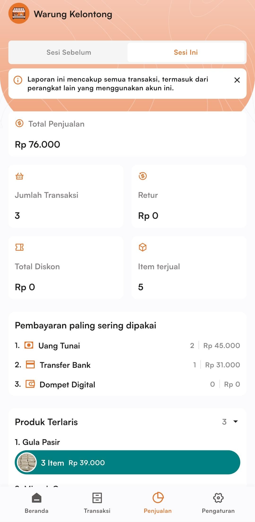 Pilih sesi laporan