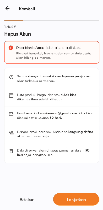 Halaman hapus akun