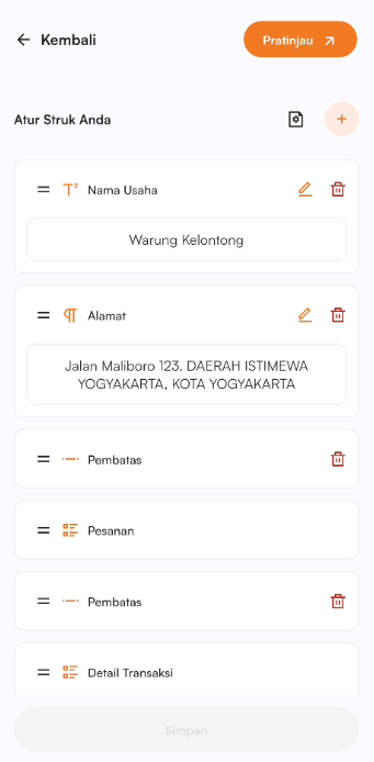 Halaman pengaturan struk