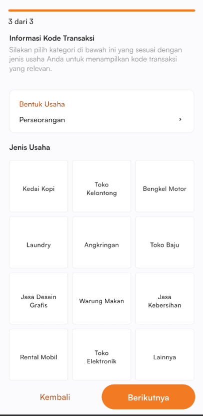 Halaman setup jenis usaha