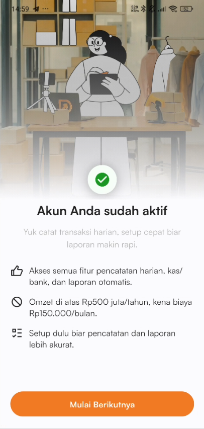 Halaman onboarding setup usaha