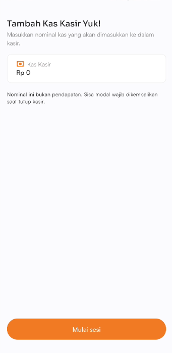 Halaman tambah modal kasir
