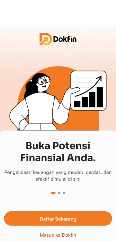 Halaman onboarding Dokfin pertama