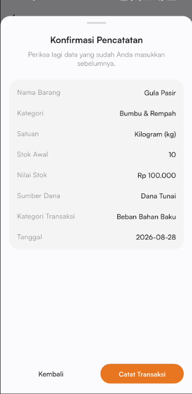 Form konfirmasi tambah persediaan